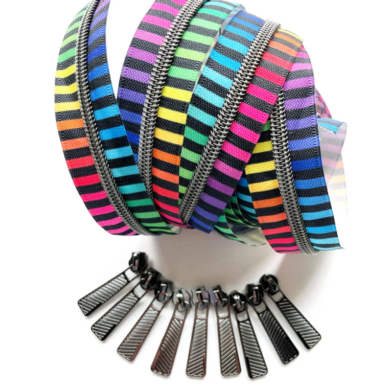 #5 Zipper Tape by the Yard - 3 Yards Gunmetal Colour Stripes Coil with 9 Pulls