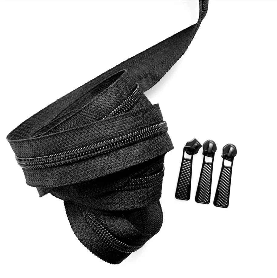 #5 Zipper Tape by the Yard - 3 Yards Nylon Black Coil with 9 Pulls