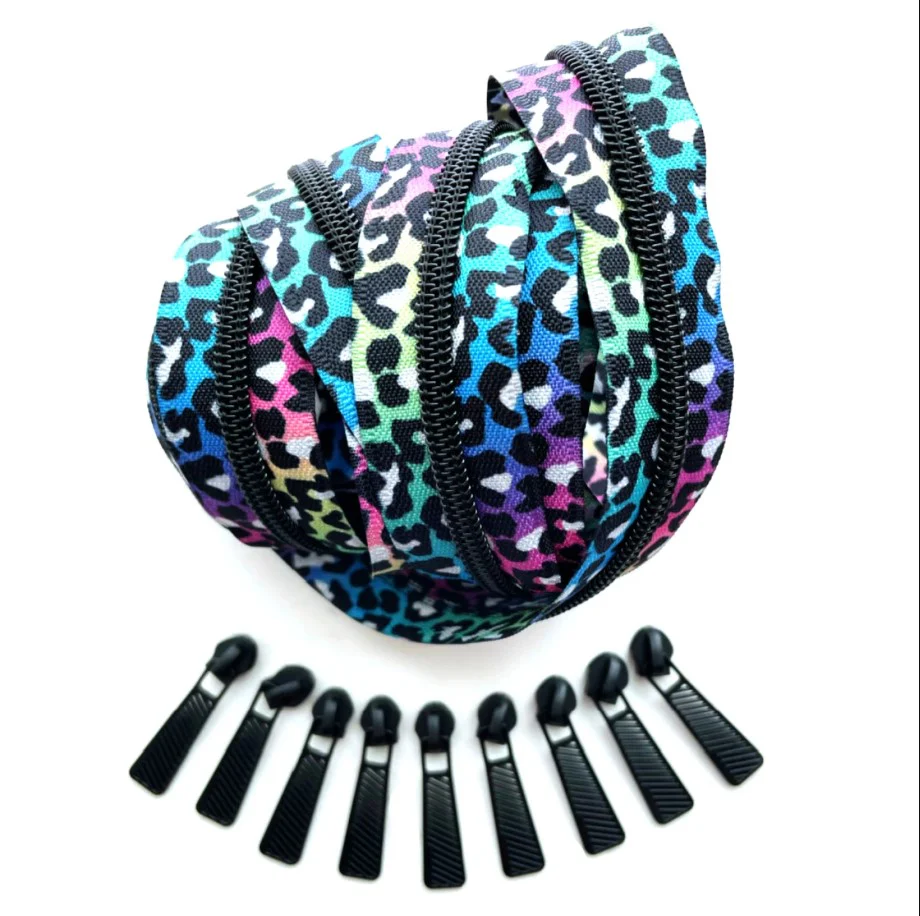 #5 Zipper Tape by the Yard - 3 Yards Nylon Rainbow Leopard Coil with 9 Pulls