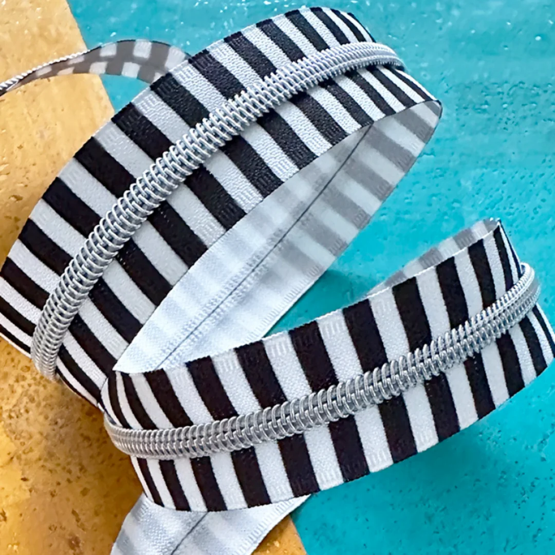 #5 Zipper Tape by the Yard - 3 Yards Wide Black Stripe with Nickle Teeth