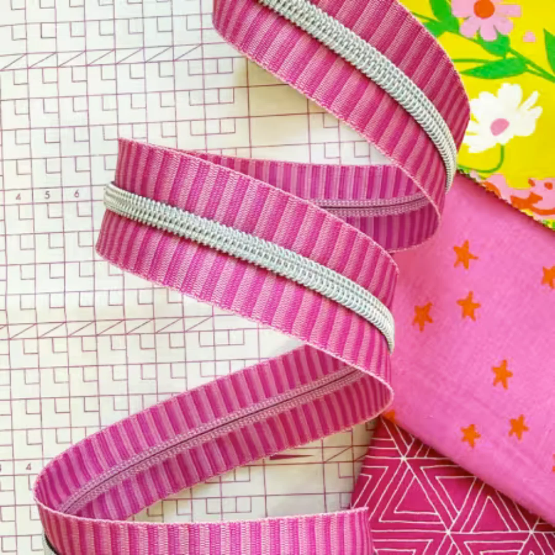 #5 Zipper Tape by the Yard - 3 Yards Wide Pink Stripe with Nickel Teeth