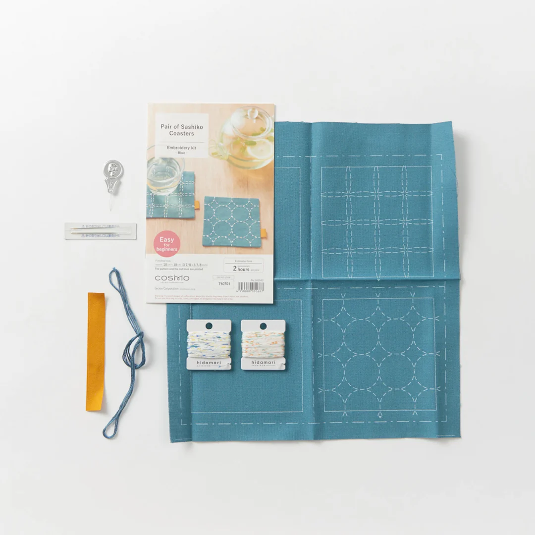 Cosmo Sashiko Coaster Pair Kit - Blue - Image 2