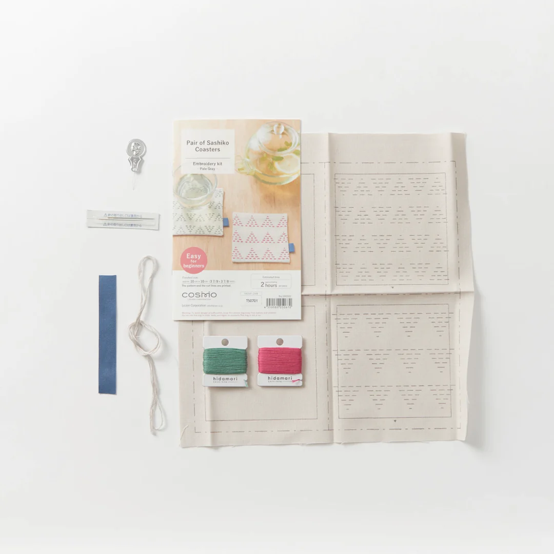 Cosmo Sashiko Coaster Pair Kit - Light Grey - Image 2