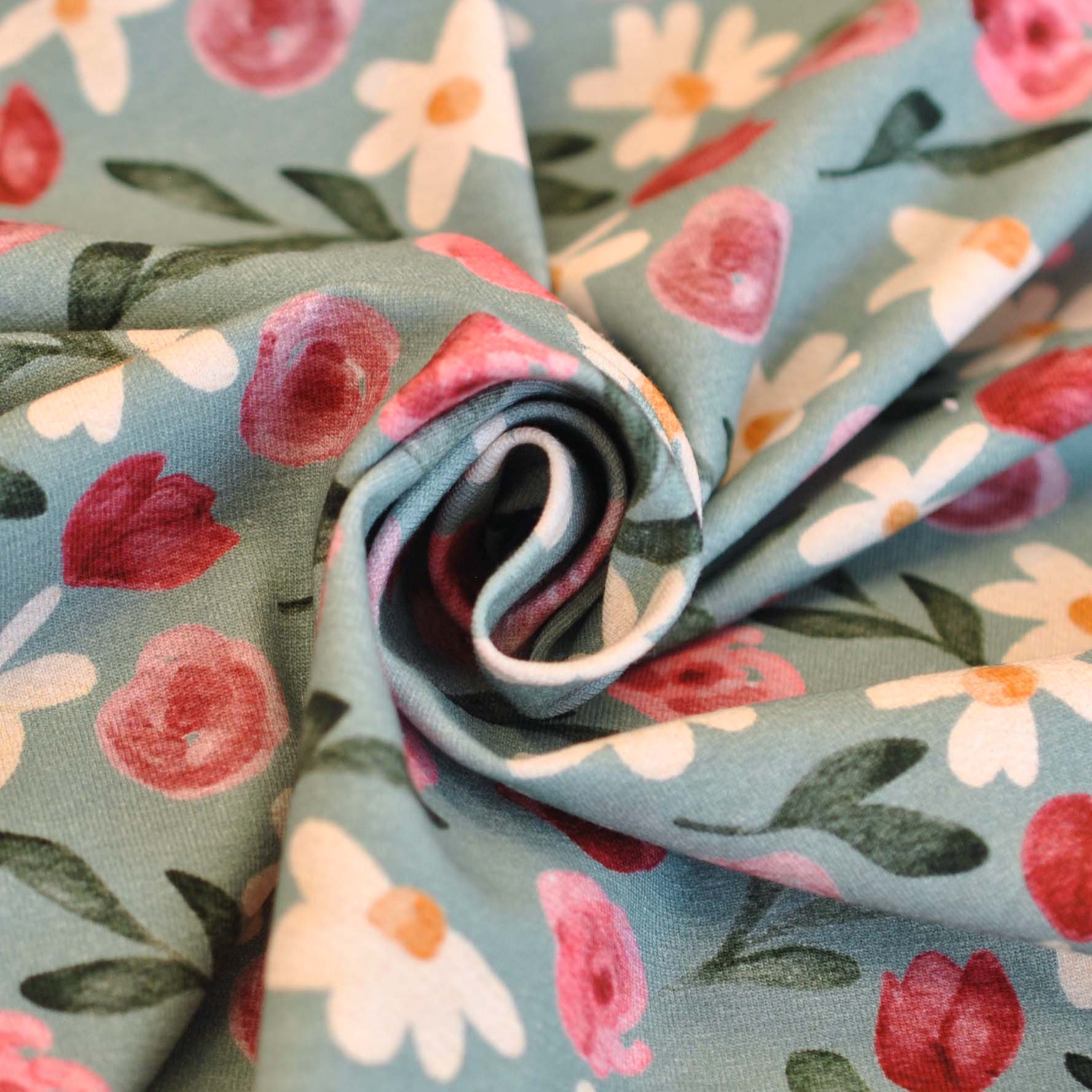 Cotton Jersey Fleurs by Lausemia in Emerald with Red Roses - Image 3