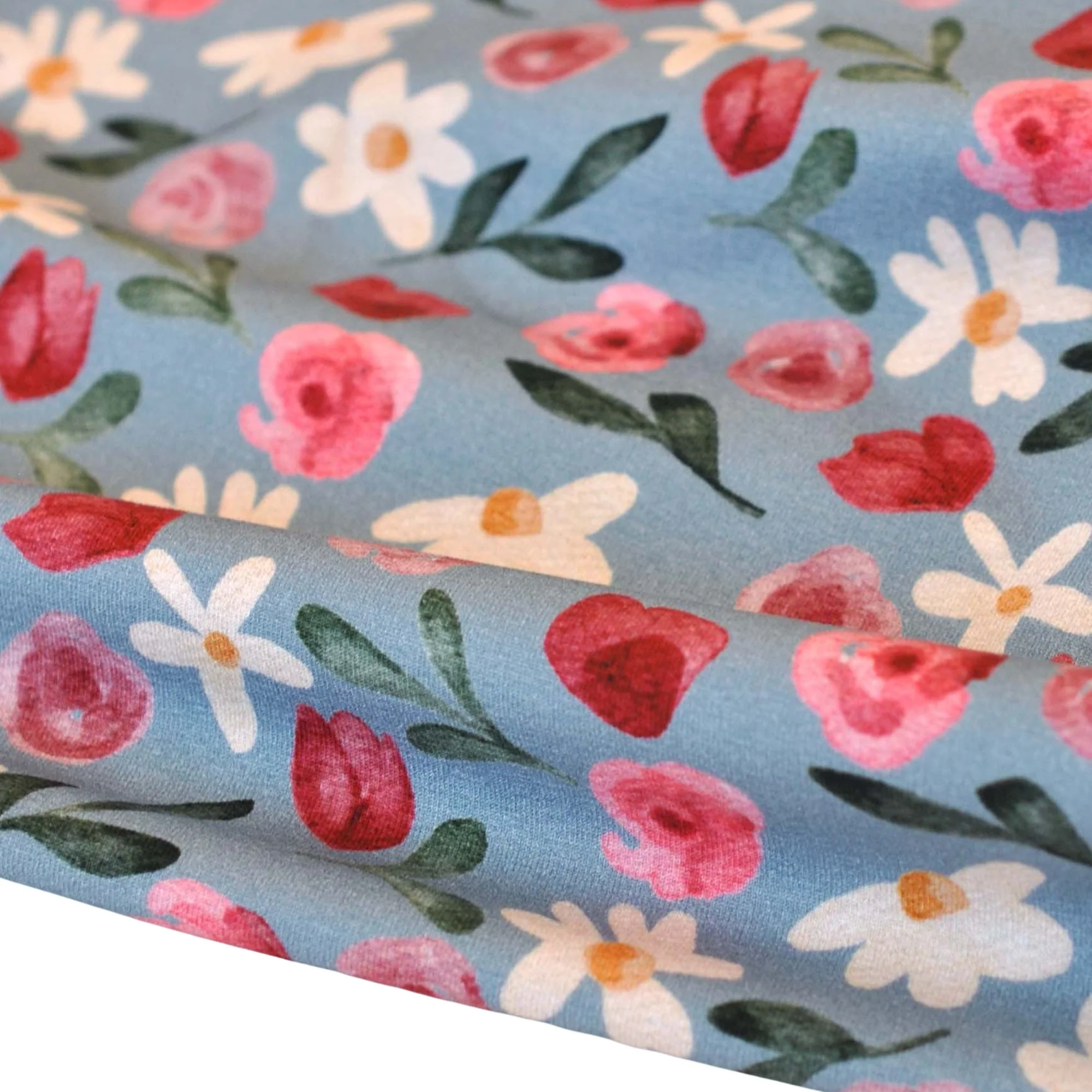 Cotton Jersey Fleurs by Lausemia in Light Blue with Red Roses