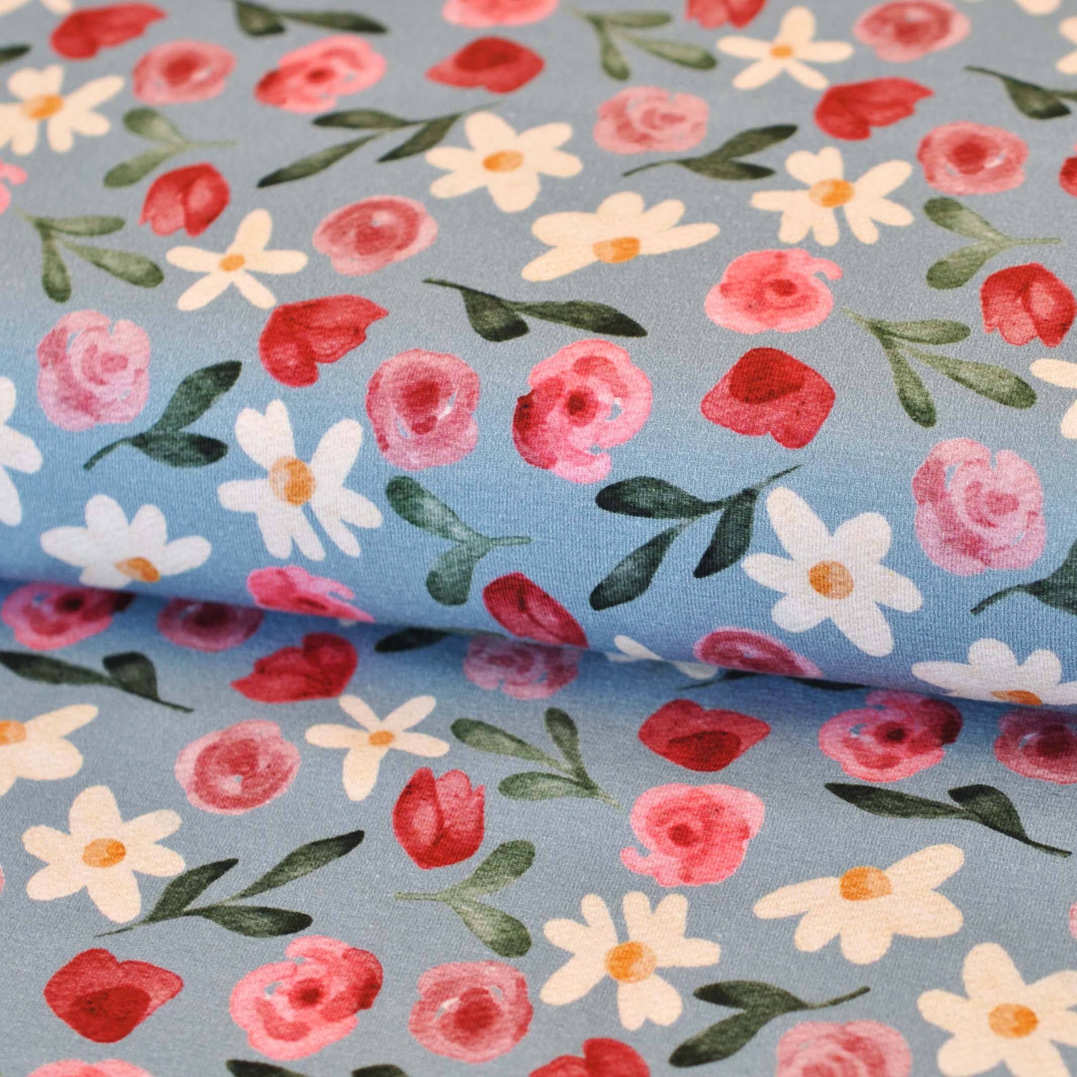 Cotton Jersey Fleurs by Lausemia in Light Blue with Red Roses - Image 2