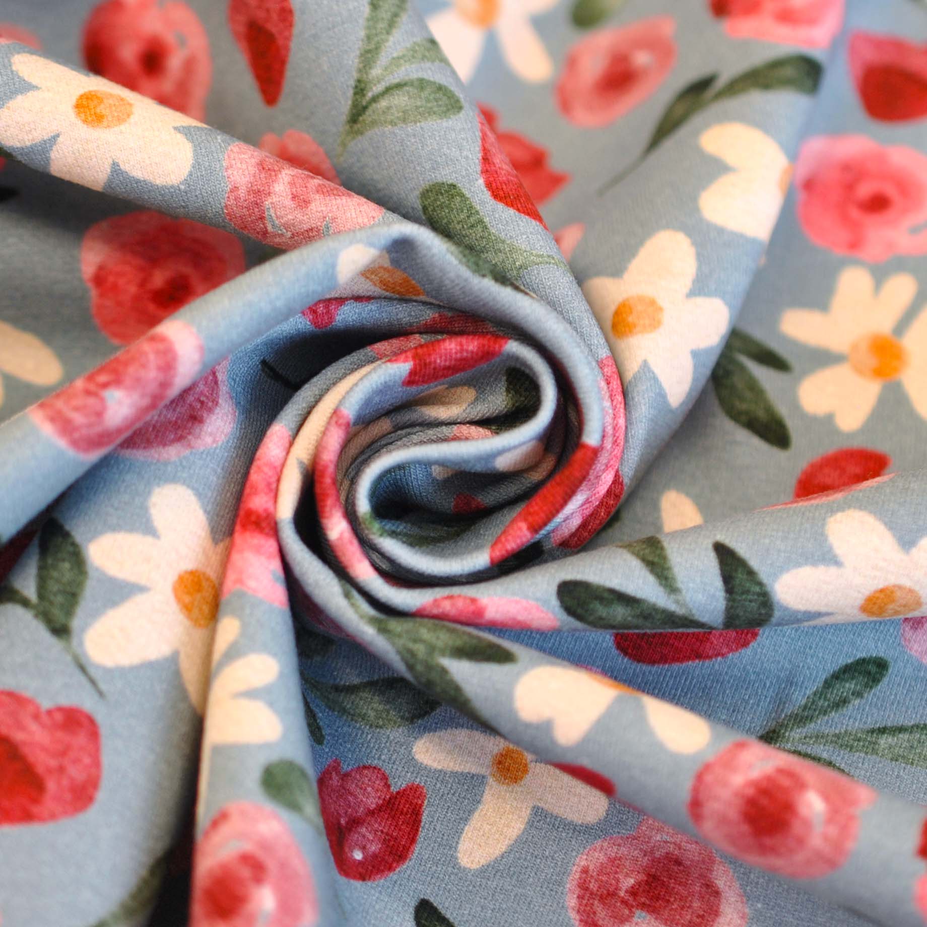 Cotton Jersey Fleurs by Lausemia in Light Blue with Red Roses - Image 3