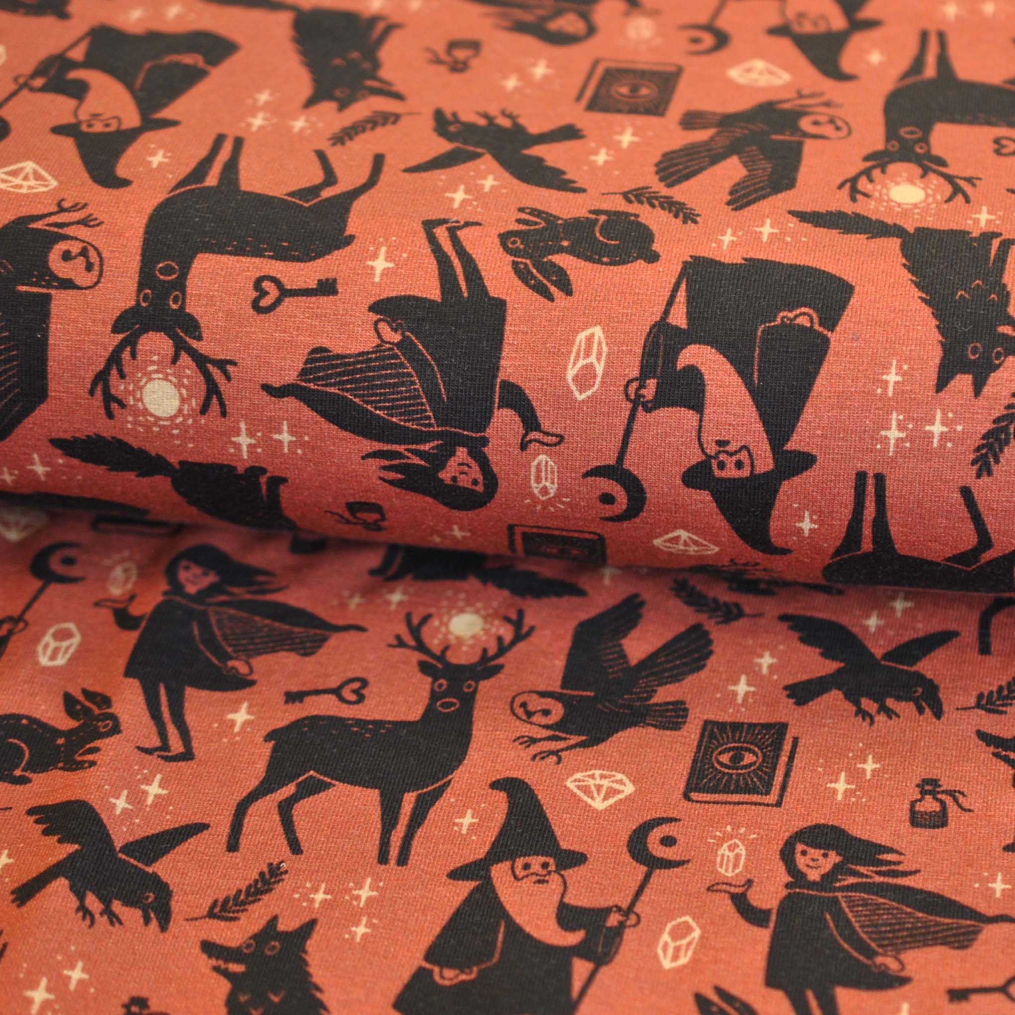 Cotton Jersey Folktale by Käselotti Magicians and Animals in Black and Rust - Image 2