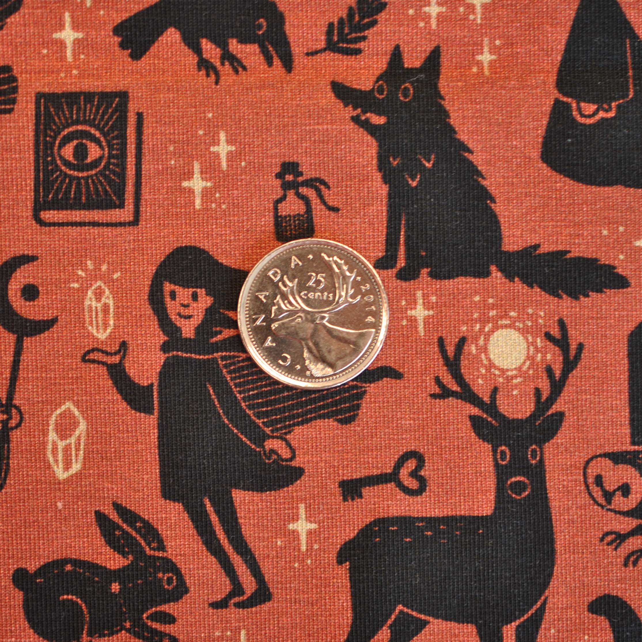Cotton Jersey Folktale by Käselotti Magicians and Animals in Black and Rust - Image 4