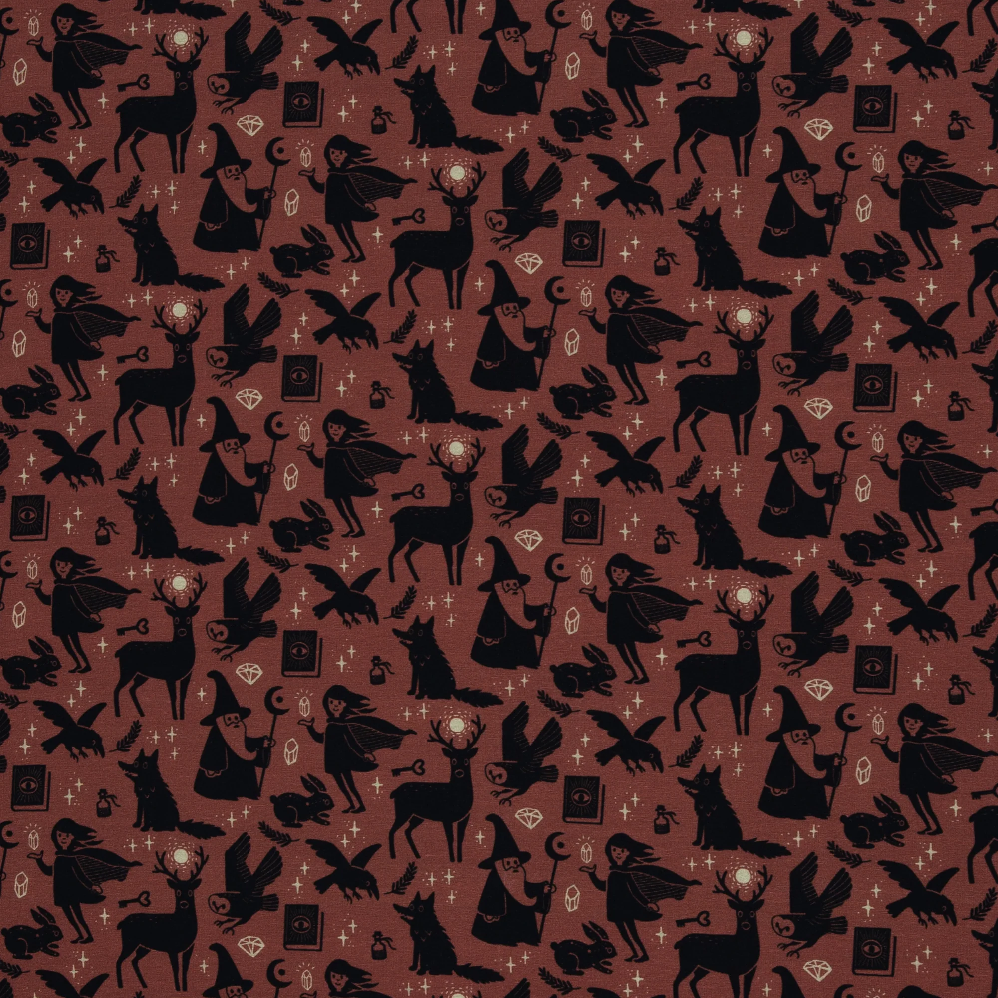 Cotton Jersey Folktale by Käselotti Magicians and Animals in Black and Rust - Image 5