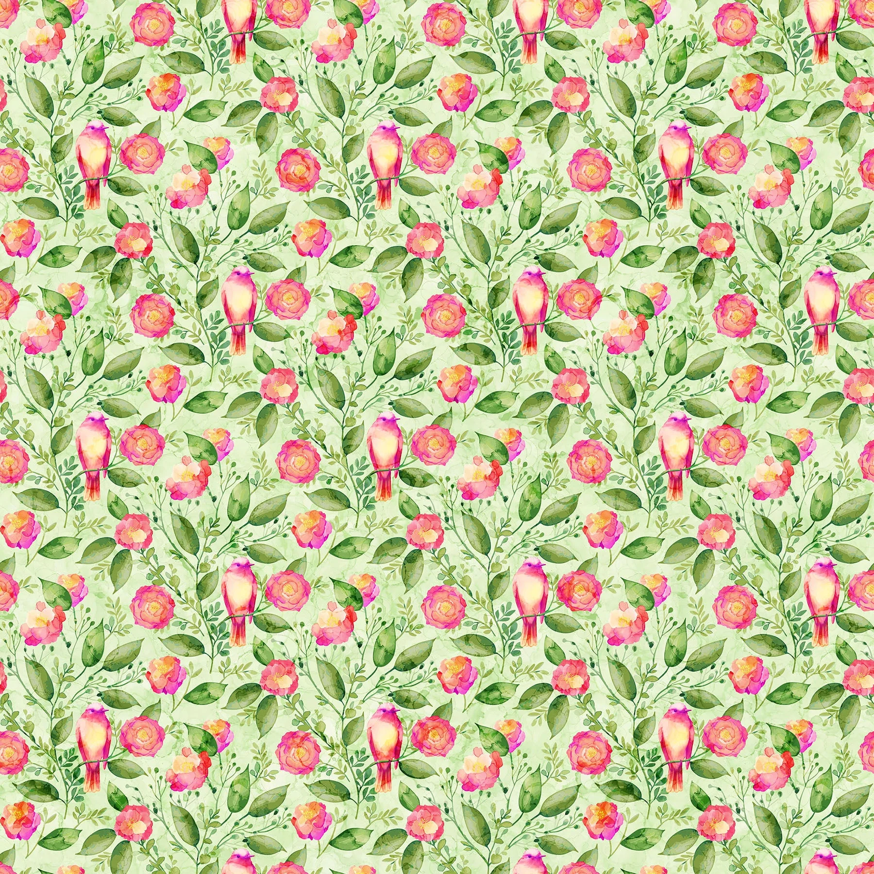 Northcott Veranda Floral & Birds in Pale Green