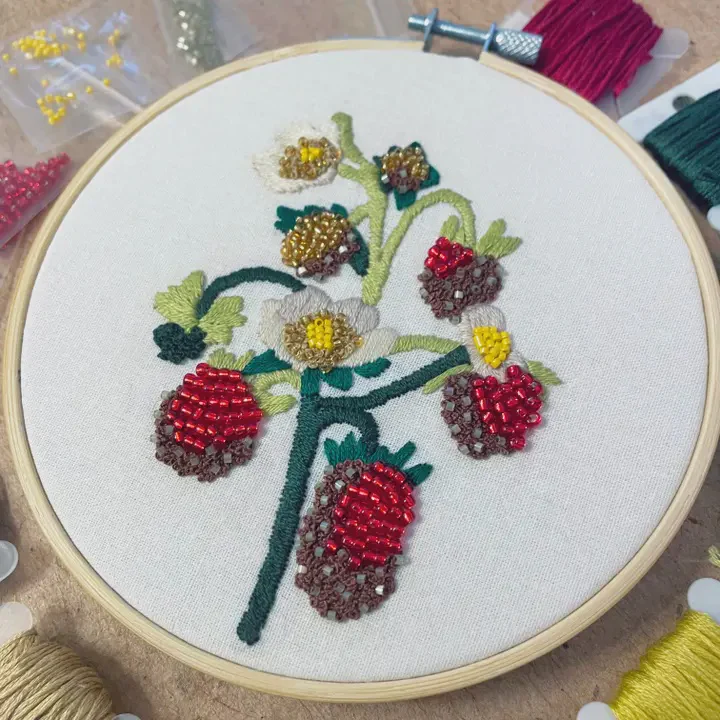 Strawberry Blossoms Embroidery and Beadwork Kit