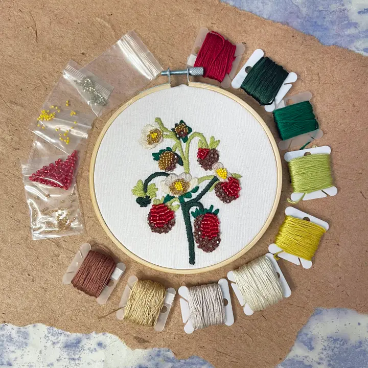 Strawberry Blossoms Embroidery and Beadwork Kit - Image 2