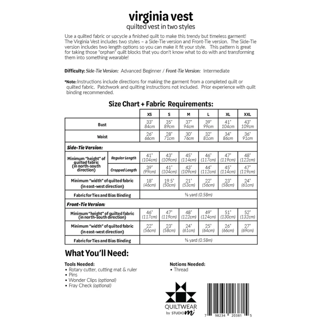 Studio M Squared Virginia Quilted Vest Pattern - XS-XXL - Image 4